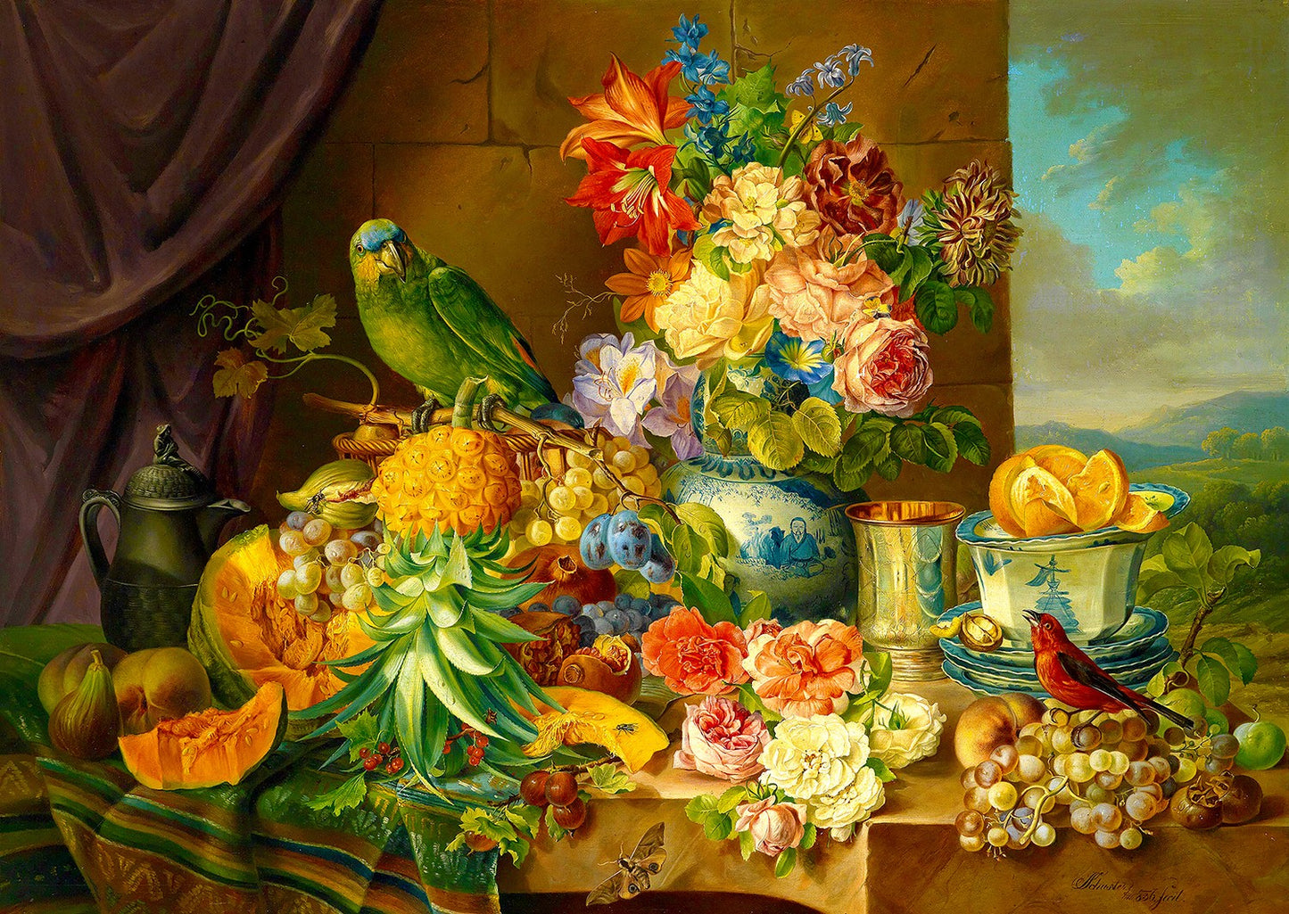 1000 Pieces Jigsaw Puzzle - Josef Schuster: Still Life with Fruit Flowers and a Parrot (1191)