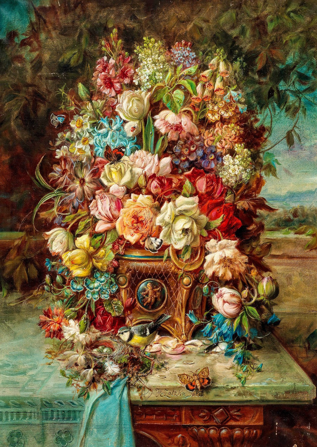 1000 Pieces Jigsaw Puzzle - Hans Zatzka: Flowers Still Life with Blue Tit (1518)
