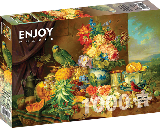 1000 Pieces Jigsaw Puzzle - Josef Schuster: Still Life with Fruit Flowers and a Parrot (1191)
