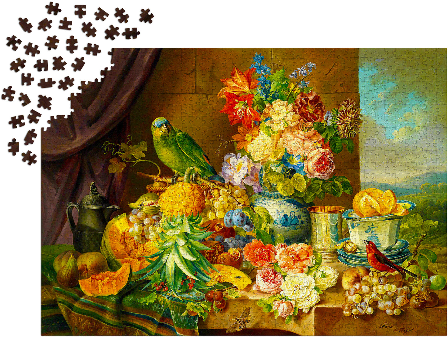 1000 Pieces Jigsaw Puzzle - Josef Schuster: Still Life with Fruit Flowers and a Parrot (1191)