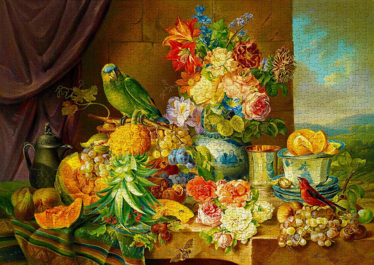 1000 Pieces Jigsaw Puzzle - Josef Schuster: Still Life with Fruit Flowers and a Parrot (1191)