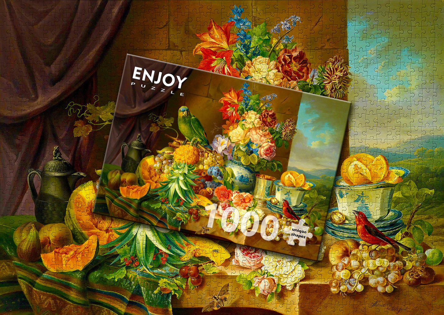 1000 Pieces Jigsaw Puzzle - Josef Schuster: Still Life with Fruit Flowers and a Parrot (1191)