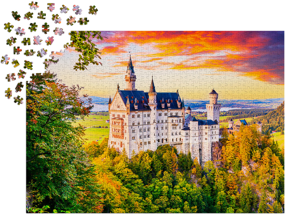 Loose puzzle pieces showing the unique cut - Neuschwanstein Castle in Autumn