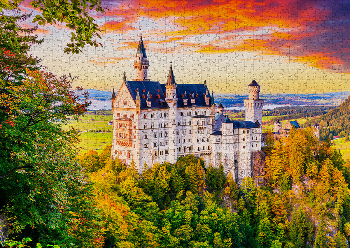 Neuschwanstein Castle in Autumn - 1000-piece jigsaw puzzle fully assembled, 68 x 48 cm
