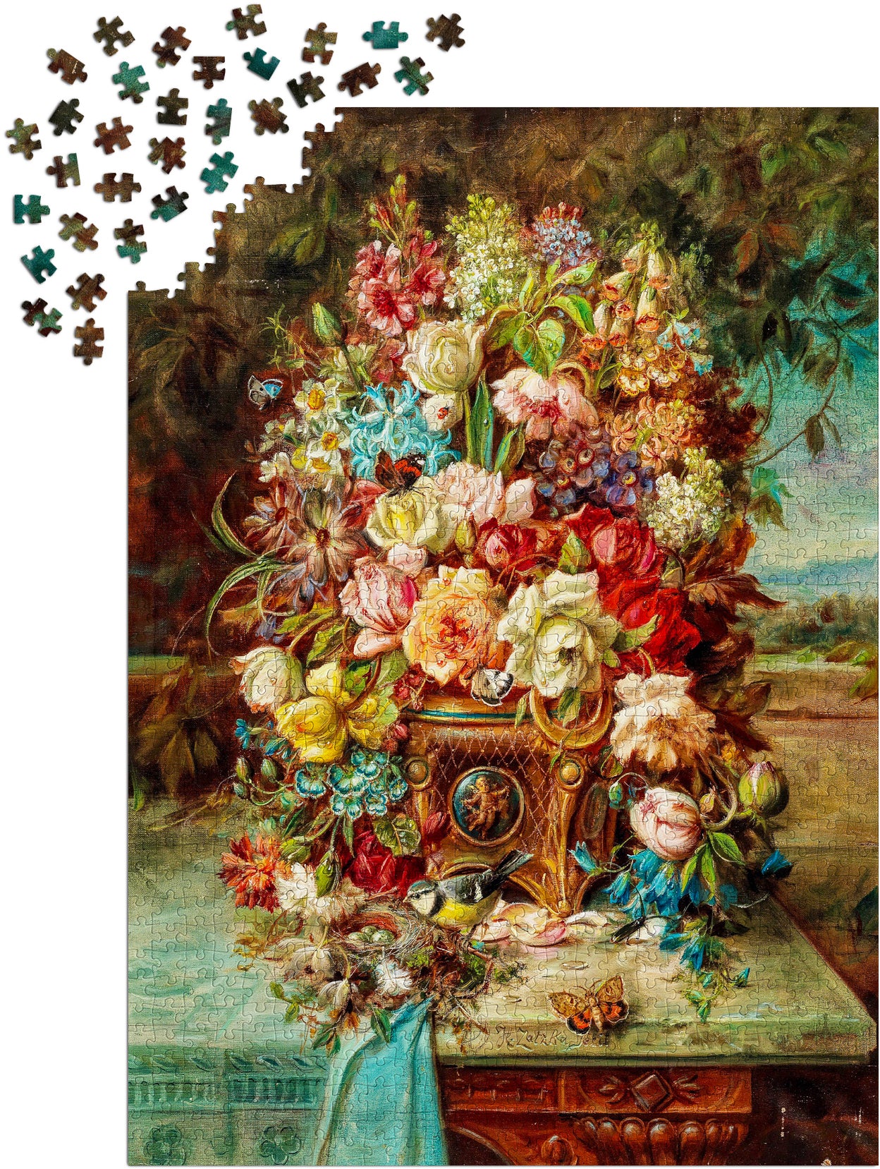 1000 Pieces Jigsaw Puzzle - Hans Zatzka: Flowers Still Life with Blue Tit (1518)
