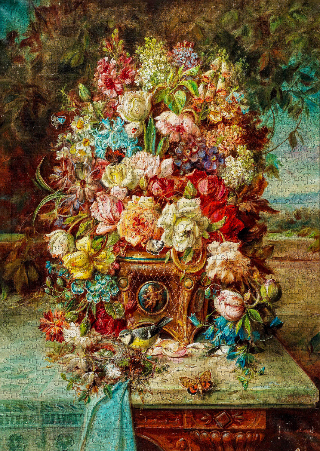 1000 Pieces Jigsaw Puzzle - Hans Zatzka: Flowers Still Life with Blue Tit (1518)