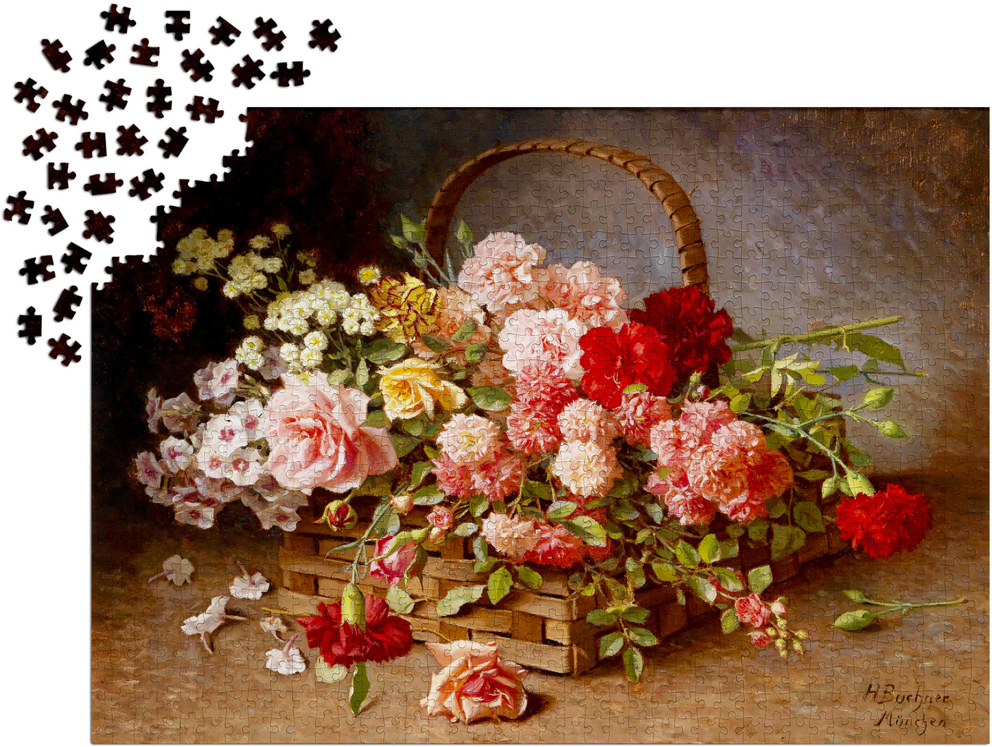 1000 Pieces Jigsaw Puzzle - Hans Buchner: A Basket of Roses and Carnations (1530)
