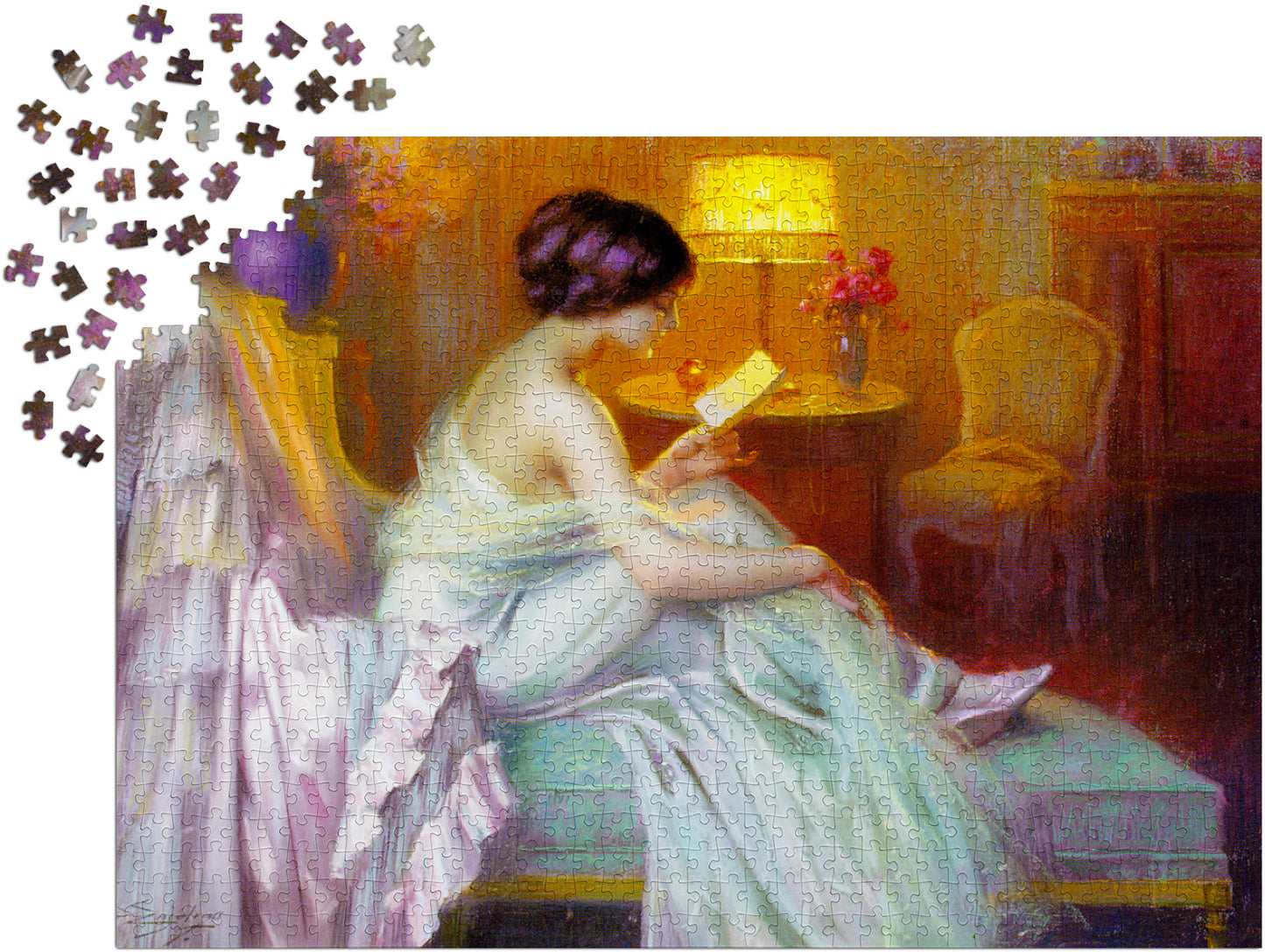 1000 Pieces Jigsaw Puzzle - Delphin Enjolras: Reading at Lamp Light (1539)