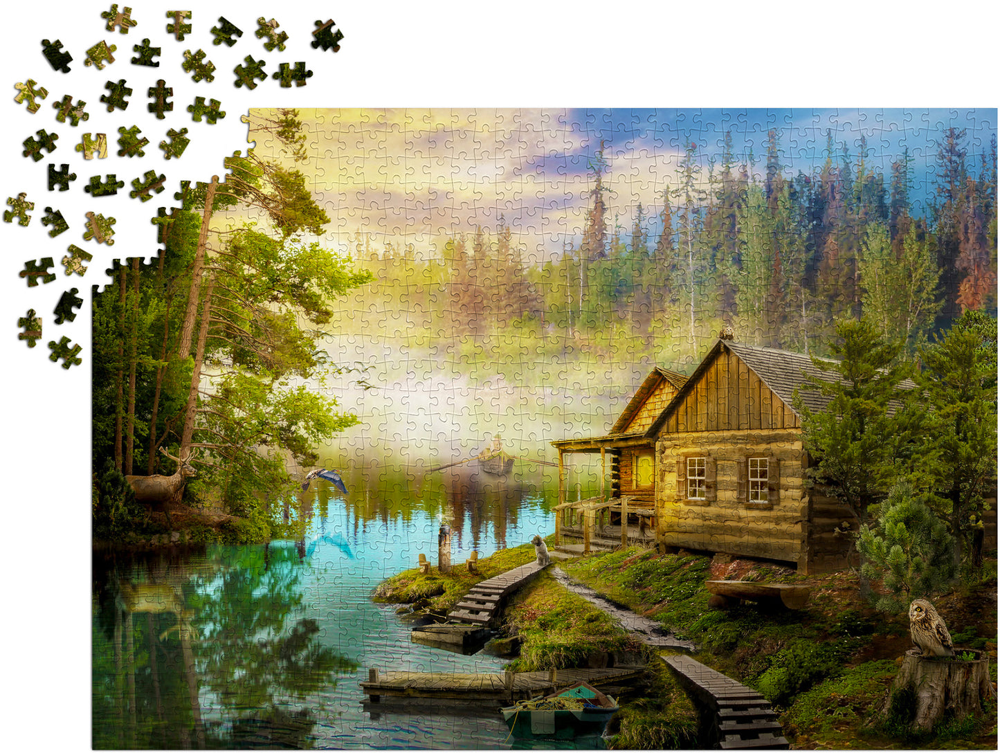 1000 Pieces Jigsaw Puzzle - A Log Cabin on the River (1602)