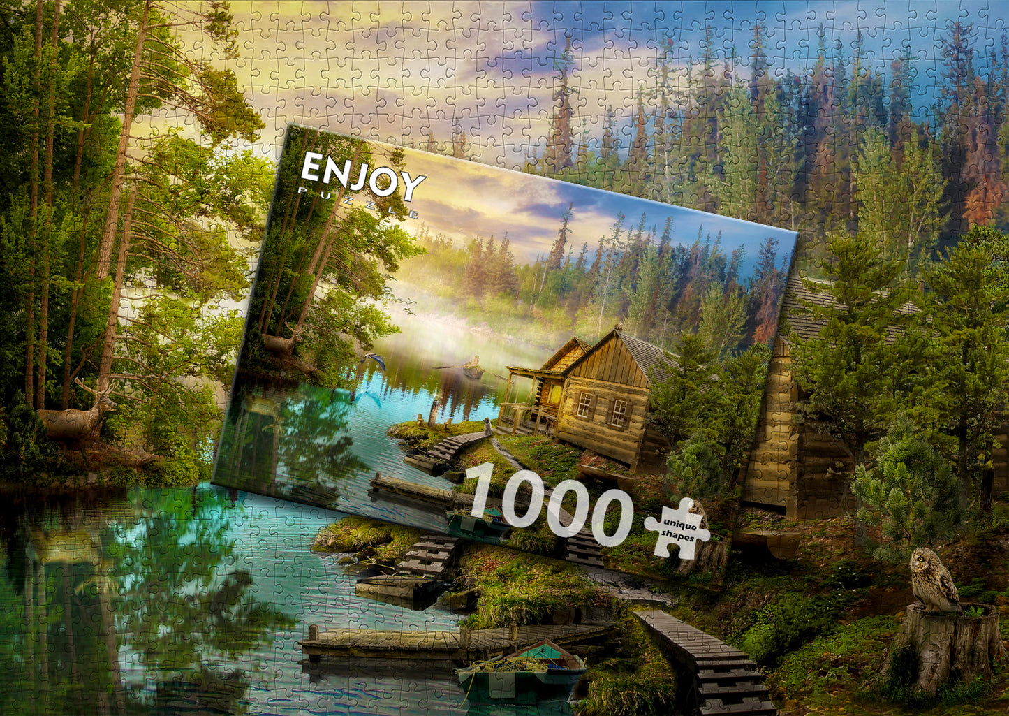 1000 Pieces Jigsaw Puzzle - A Log Cabin on the River (1602)