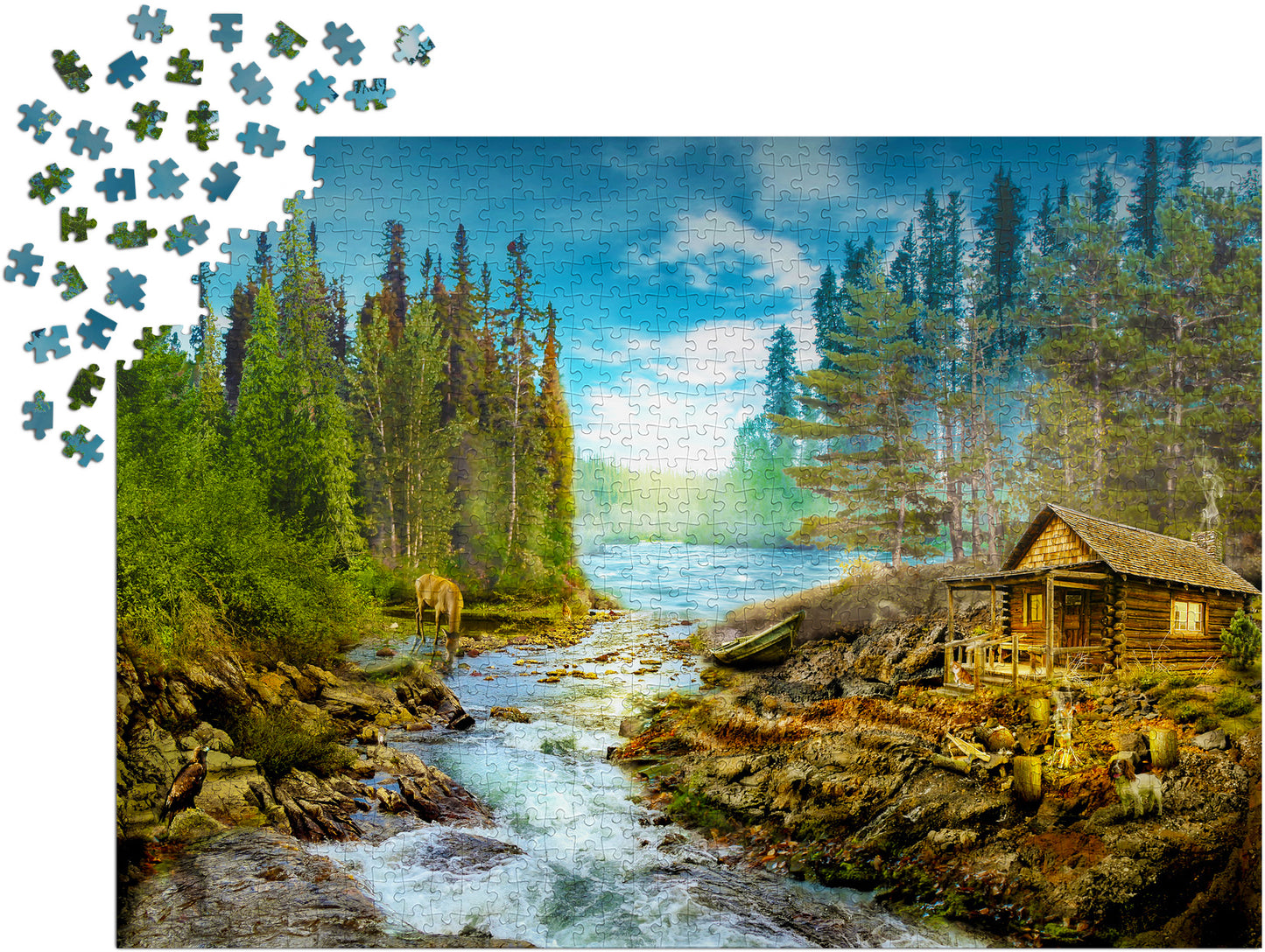 1000 Pieces Jigsaw Puzzle - A Log Cabin by the Rapids (1605)