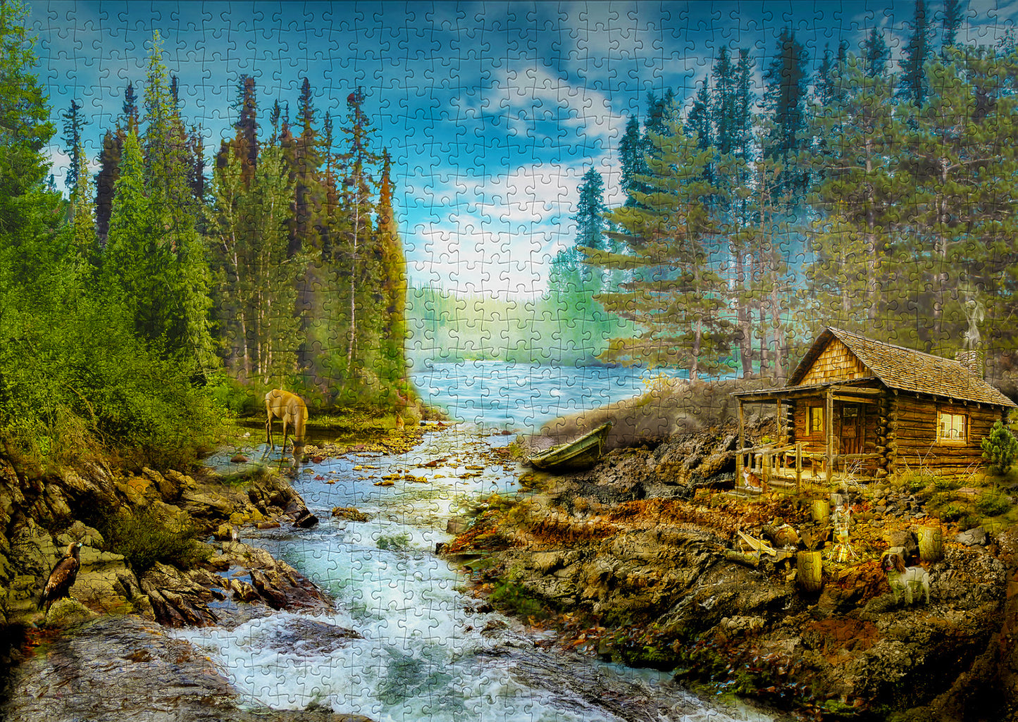1000 Pieces Jigsaw Puzzle - A Log Cabin by the Rapids (1605)