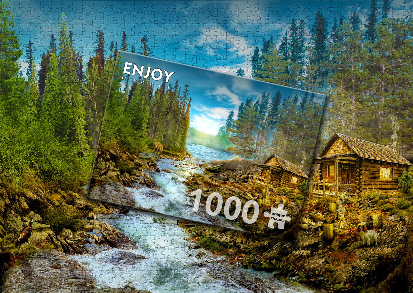 1000 Pieces Jigsaw Puzzle - A Log Cabin by the Rapids (1605)