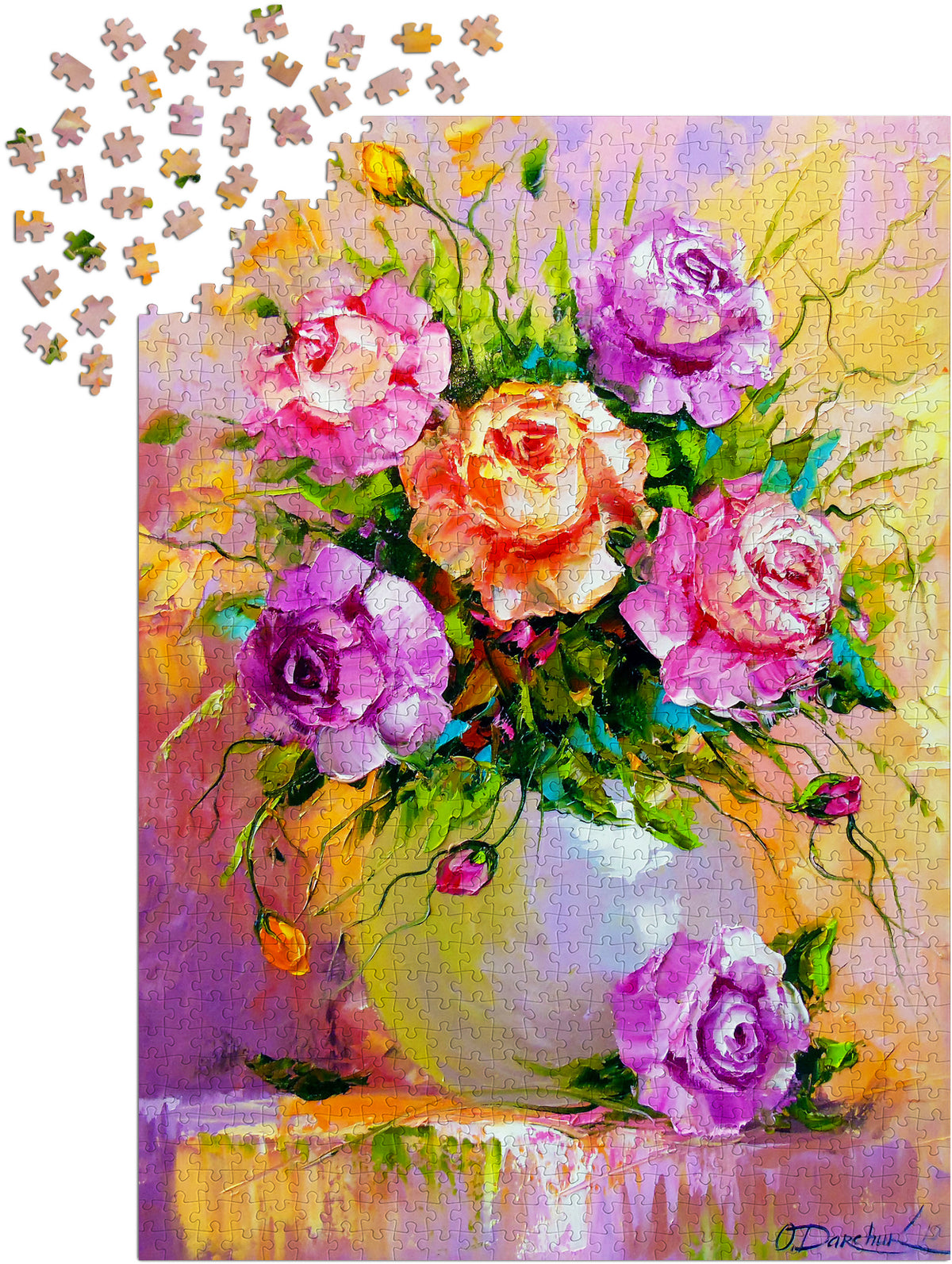 Loose puzzle pieces showing the unique cut - Bouquet of Roses