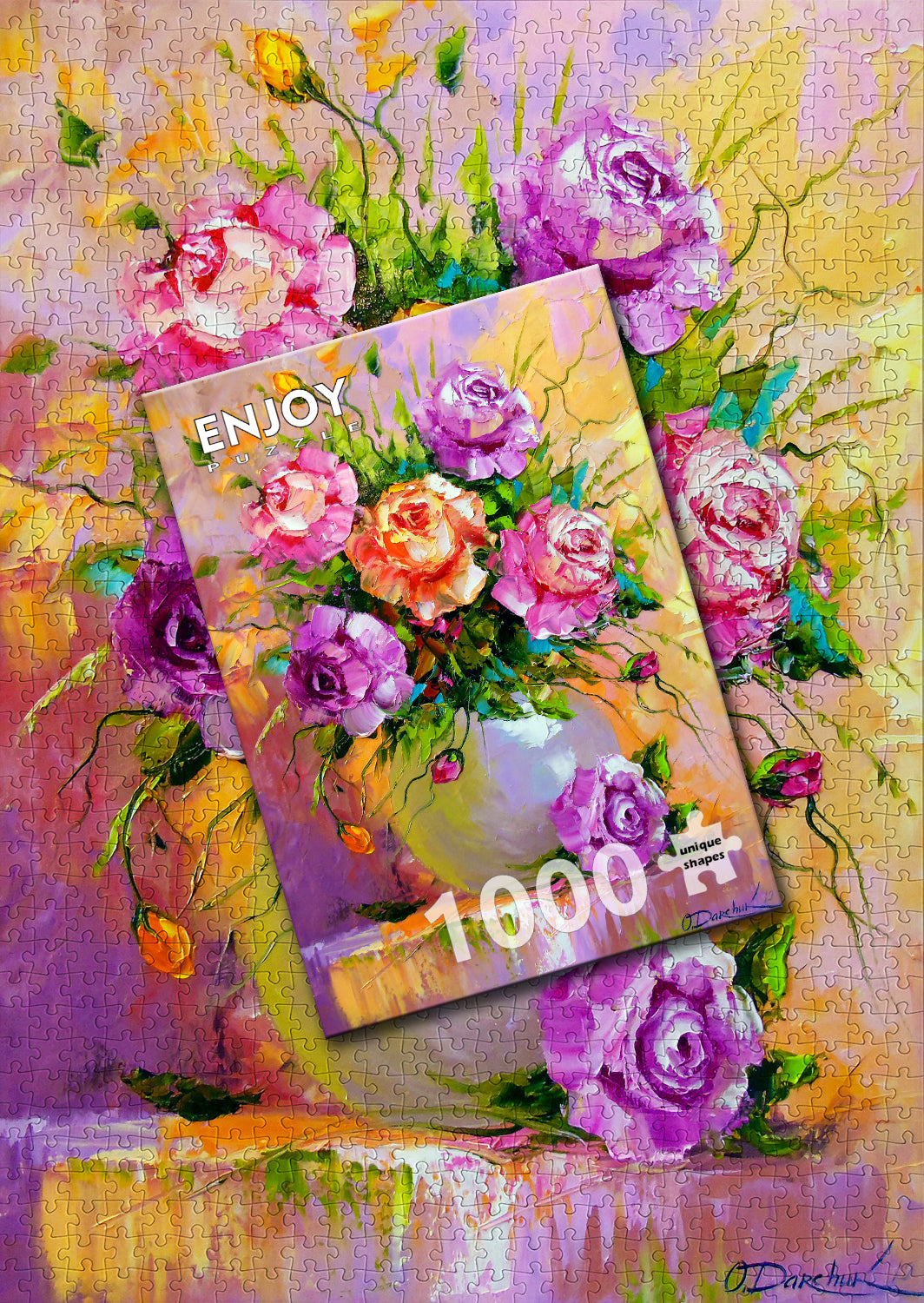 Bouquet of Roses - assembled 1000-piece puzzle next to the ENJOY box