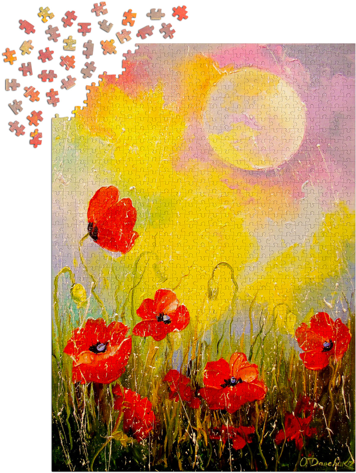 Loose puzzle pieces showing the unique cut - Poppies in the Moonlight