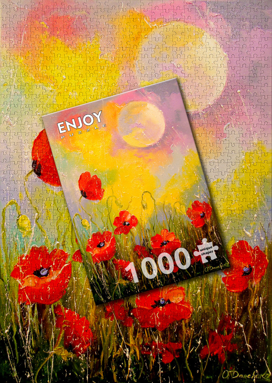 Poppies in the Moonlight - assembled 1000-piece puzzle next to the ENJOY box