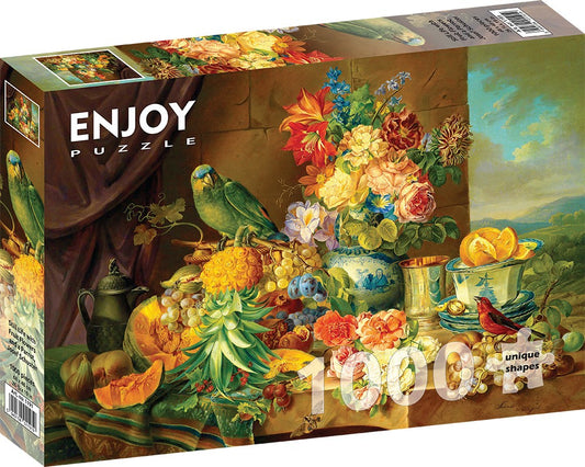 1000 Pieces Jigsaw Puzzle - Josef Schuster: Still Life with Fruit Flowers and a Parrot