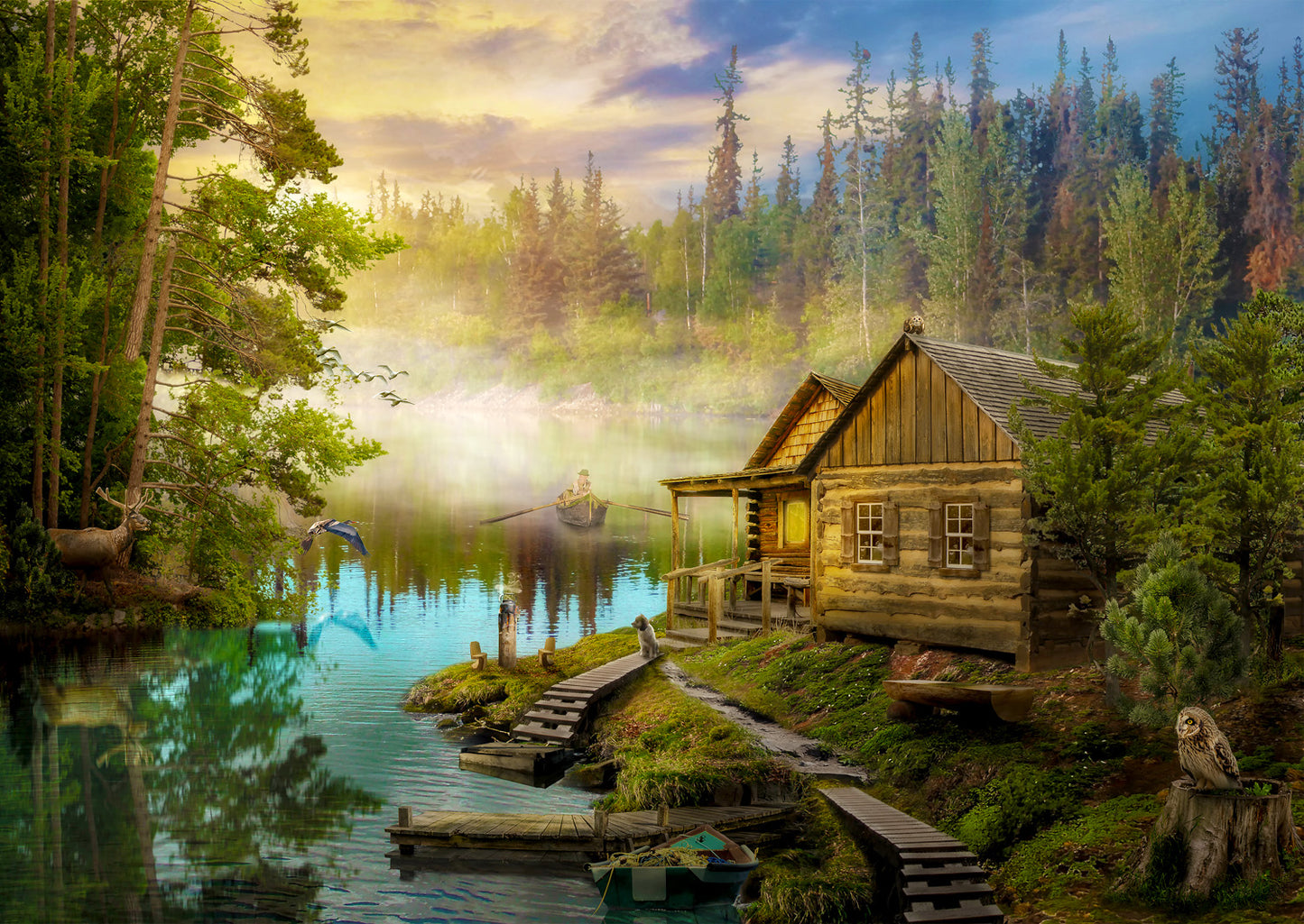 1000 Pieces Jigsaw Puzzle - A Log Cabin on the River (1602)