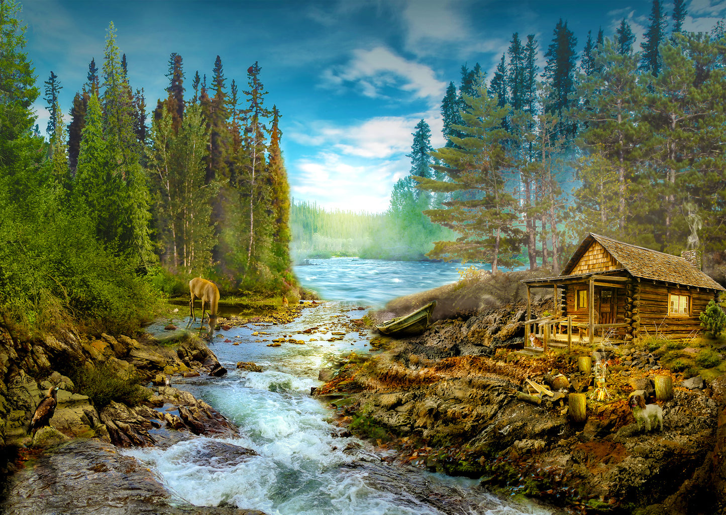 1000 Pieces Jigsaw Puzzle - A Log Cabin by the Rapids (1605)